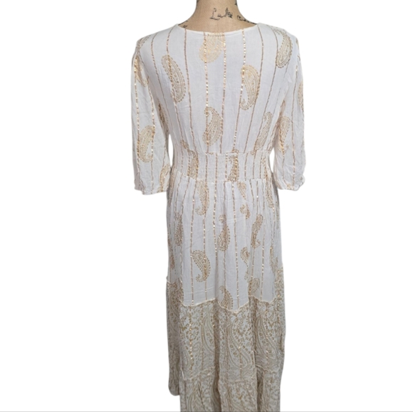 Anthropologie X Magic Me Cream And Metallic Gold Bohemian Lace Midi Dress SZ‎ XL - Picture 2 of 10